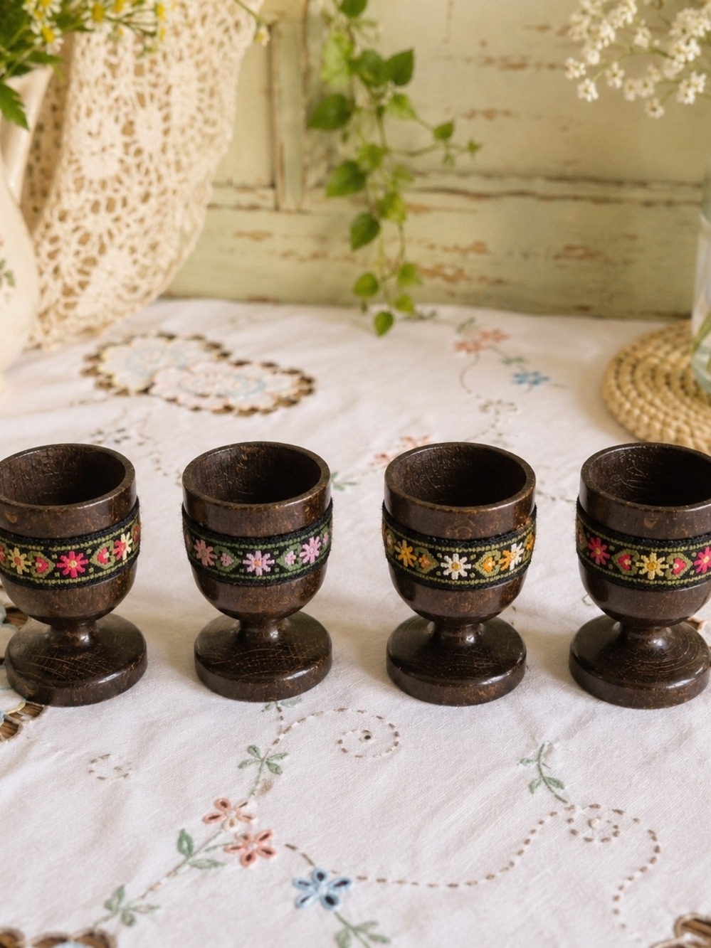 Vintage Wooden Egg Cups Set of 4 Scandinavian Cottage